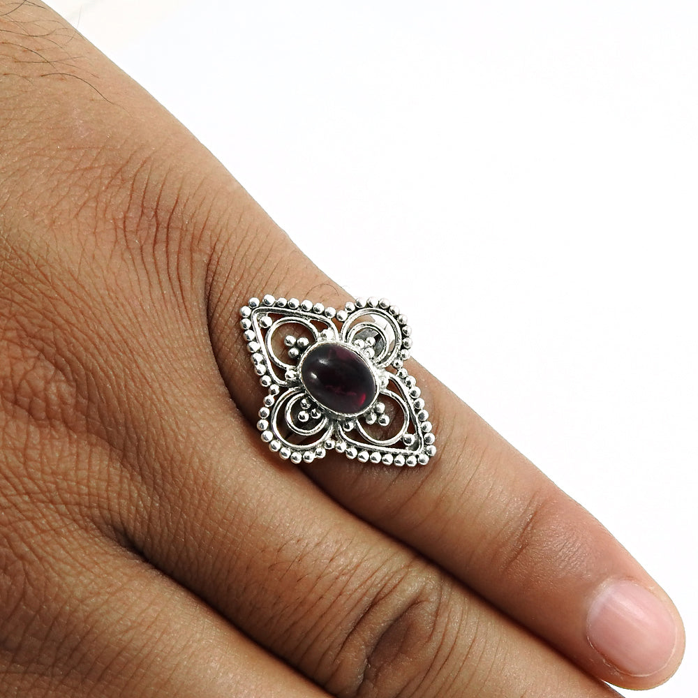 Natural Garnet Gemstone Solitaire Artisan Ring 925 Silver For Women U11