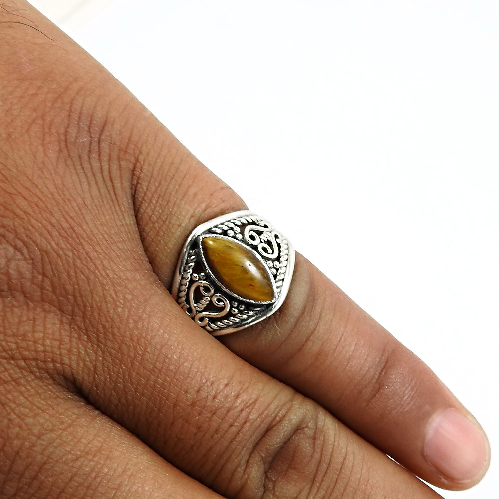 Gift For Her 925 Silver Stress Relief Natural Tiger Eye Statement Ring