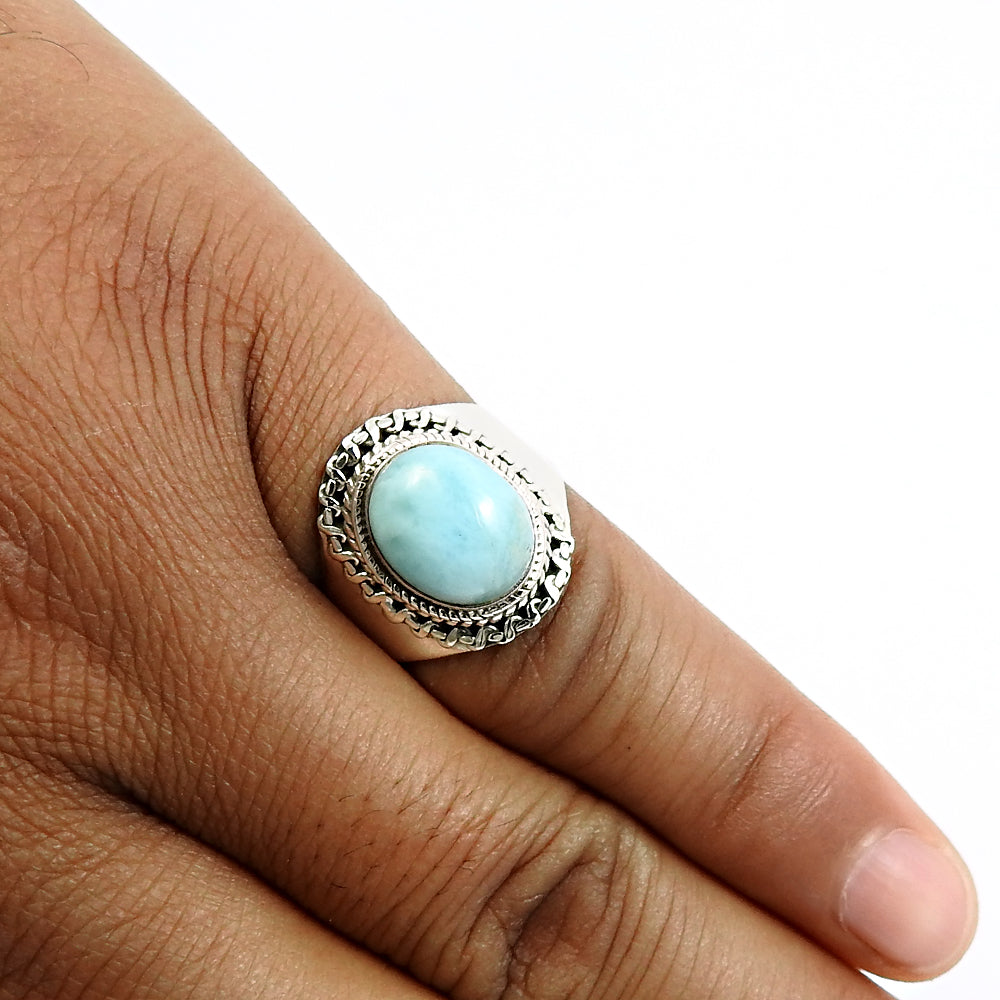 Gift For Woman Natural Larimar Cocktail Boho Ring 925 Silver H18