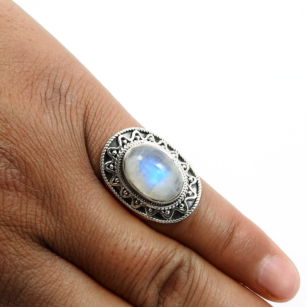 Natural Rainbow Moonstone Gemstone Solitaire Ring 925 Sterling Silver X22