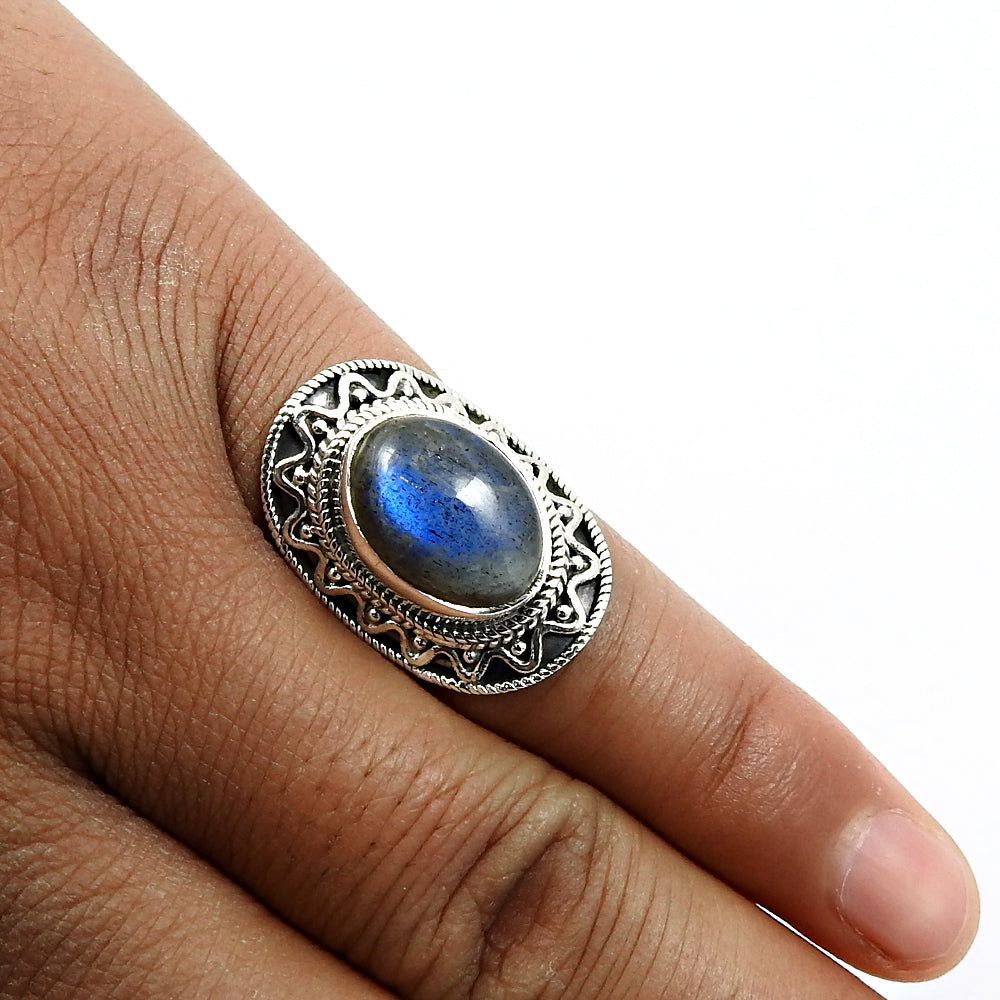 Natural Labradorite Gemstone Cocktail Boho Ring 925 Silver For Girls S1