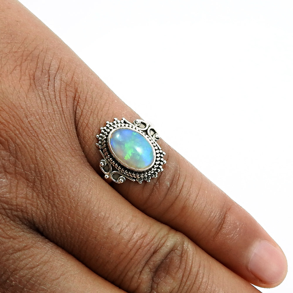 925 Sterling Silver Natural Opal Gemstone Ethnic Ring Size 8