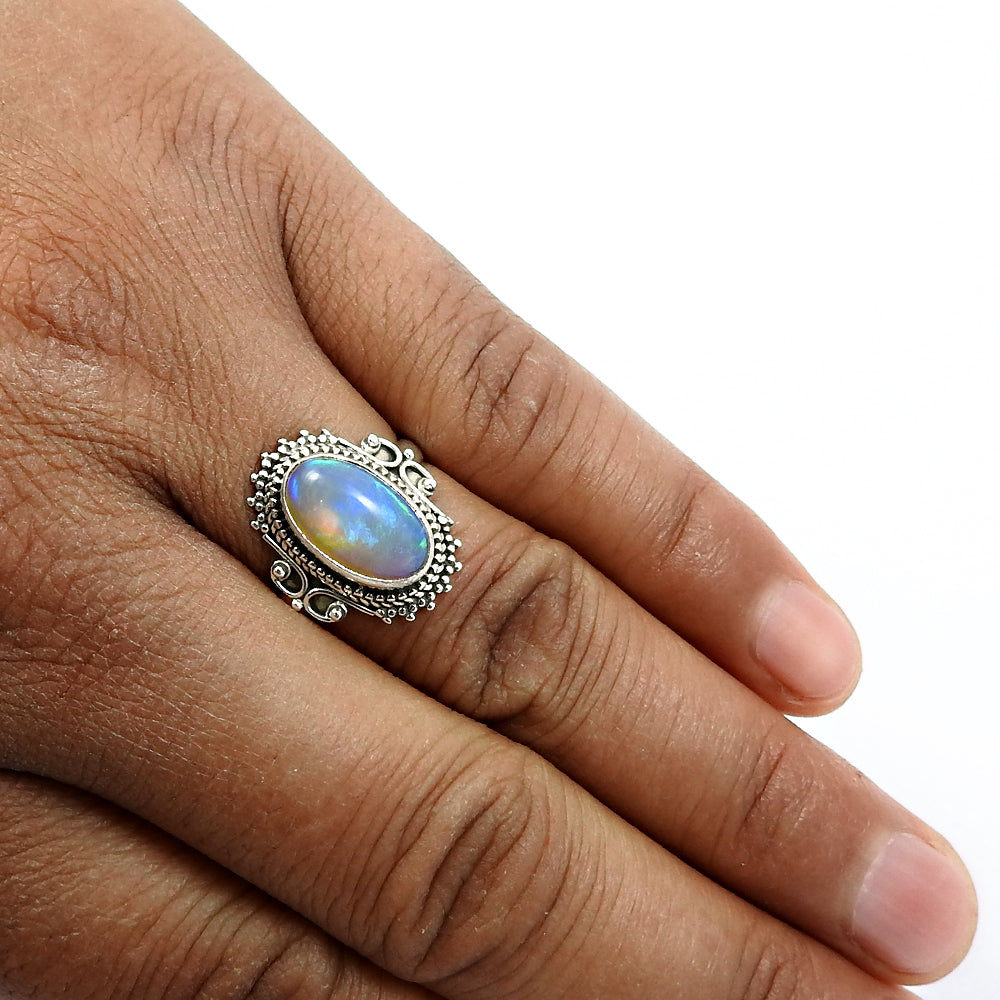 Real 925 Sterling Silver Natural Opal Gemstone Ring Size 9