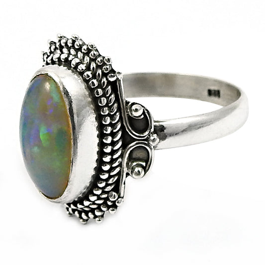 925 Sterling Silver Natural Opal Gemstone Handmade Ring Size 7