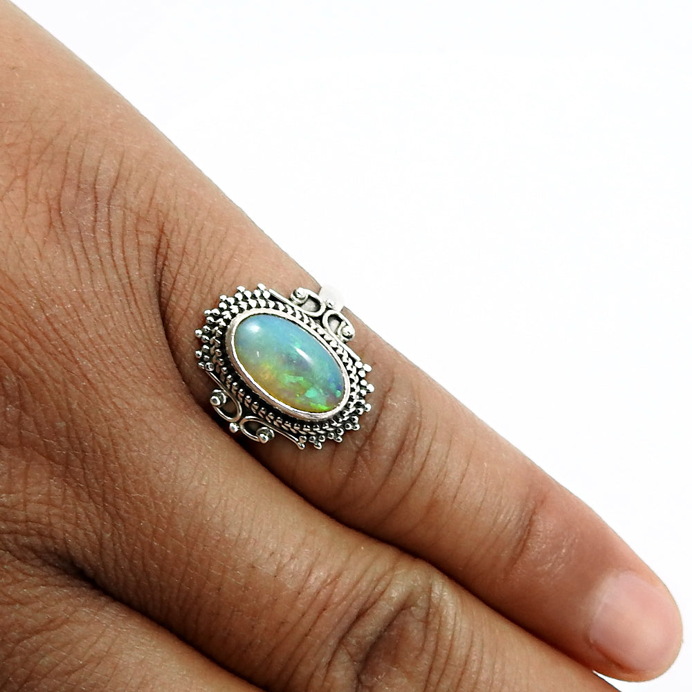 925 Sterling Silver Natural Opal Gemstone Handmade Ring Size 7