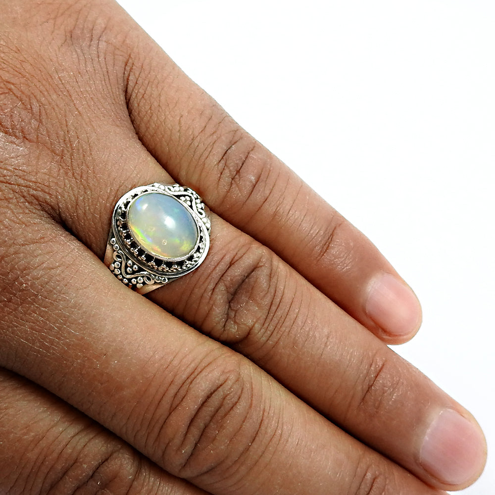 Solid 925 Sterling Silver Natural Opal Gemstone Ring Size 9