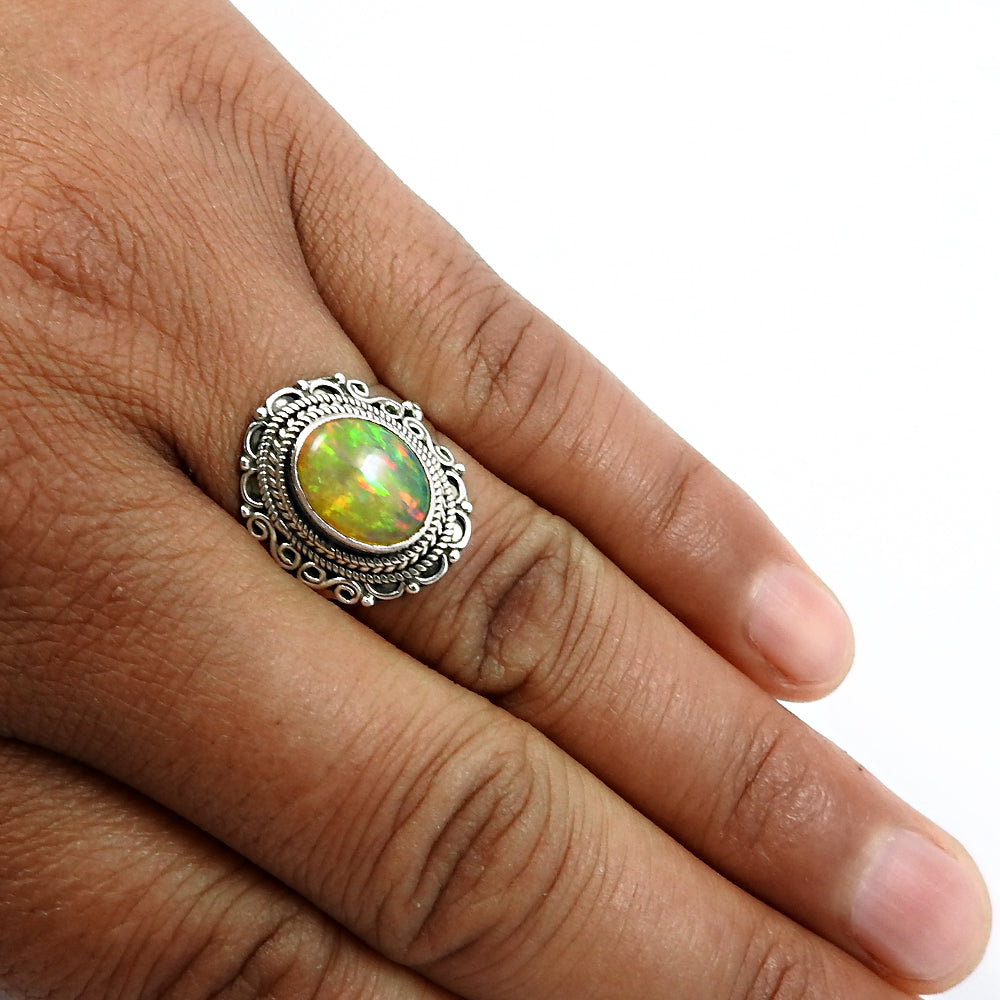 925 Sterling Silver Natural Opal Gemstone Trendy Ring Size 9