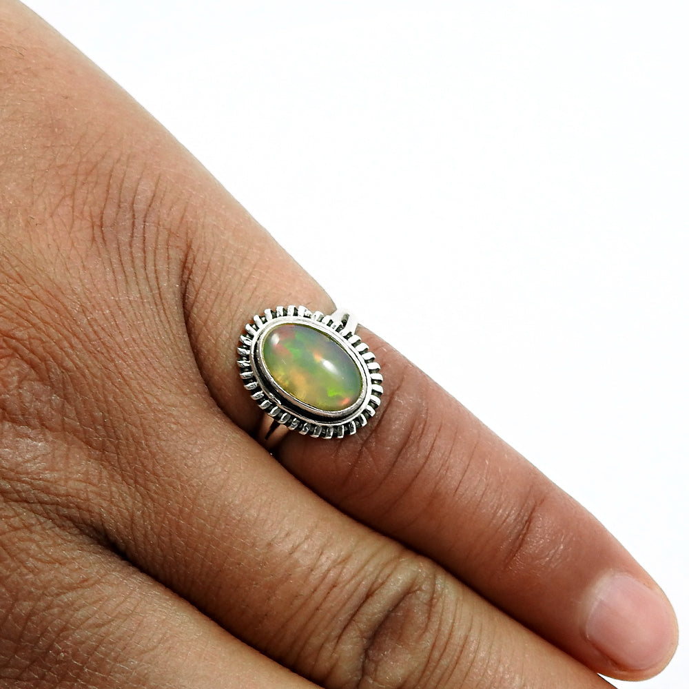 Real 925 Sterling Silver Natural Opal Gemstone Ethnic Ring Size 6