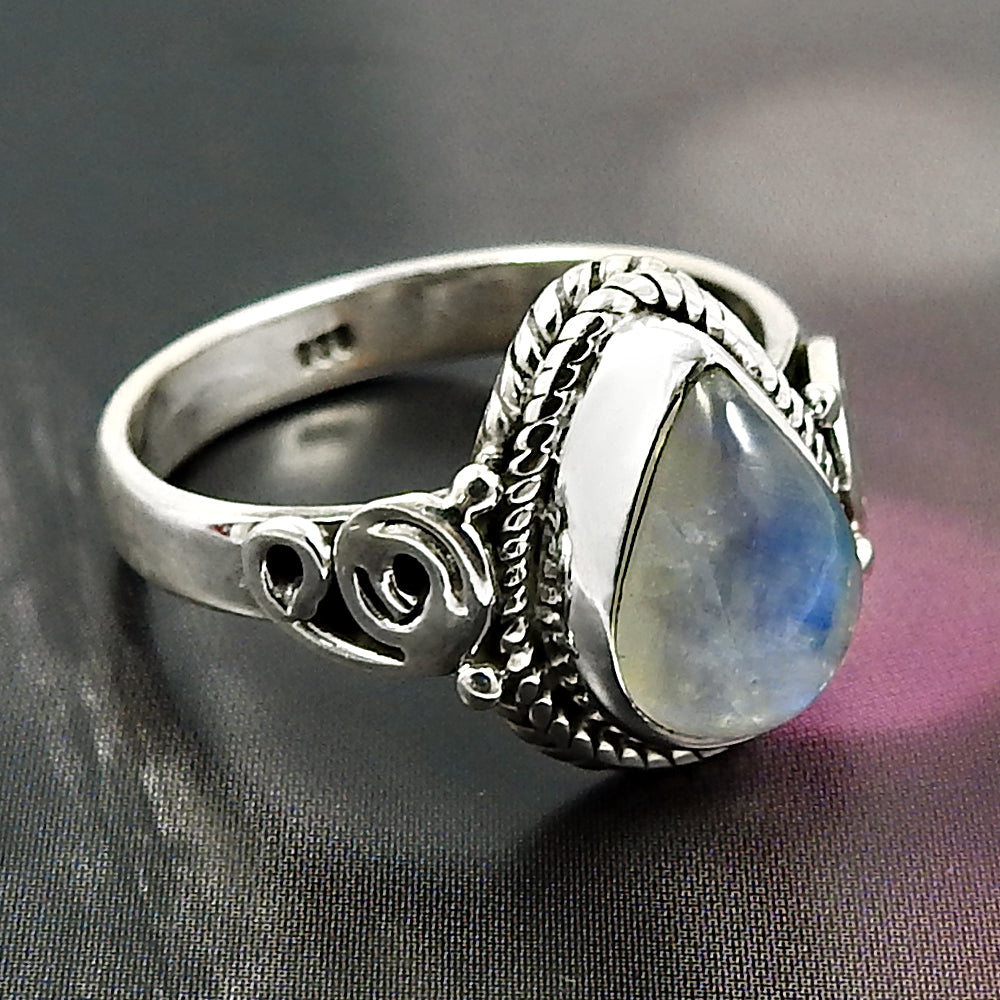 Natural Rainbow Moonstone Cocktail Ring 925 Silver Gift For Women Girls