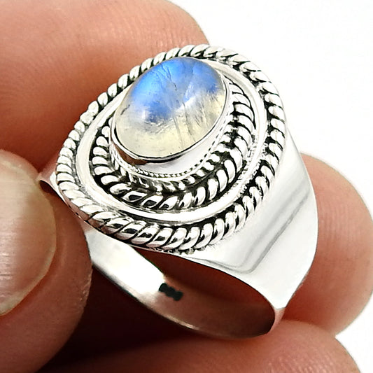 Natural Rainbow Moonstone Statement Bohemian White Ring 925 Silver H8
