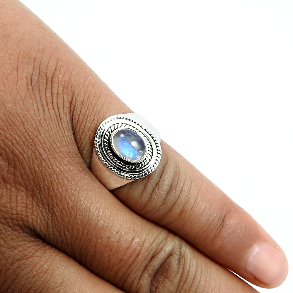 Natural Rainbow Moonstone Statement Bohemian White Ring 925 Silver H8