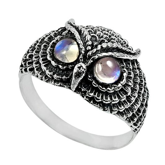 Natural Rainbow Moonstone Solitaire Owl Ring 925 Silver For Girls B32