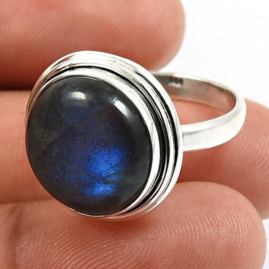 Gift For Woman Natural Labradorite Solitaire Ethnic Ring 925 Silver C8