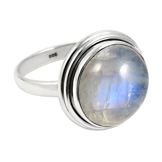 Sterling Silver Round Natural Rainbow Moonstone New Statement Boho Ring