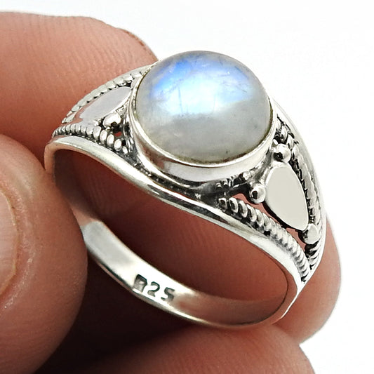Natural Rainbow Moonstone Solitaire Ethnic Ring 925 Silver L8