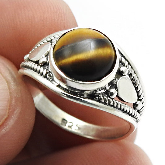 Natural Tiger Eye Statement Vintage Ring 925 Silver For Girls V8