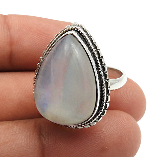 Natural Rainbow Moonstone Statement Vintage Ring 925 Silver For Women V18