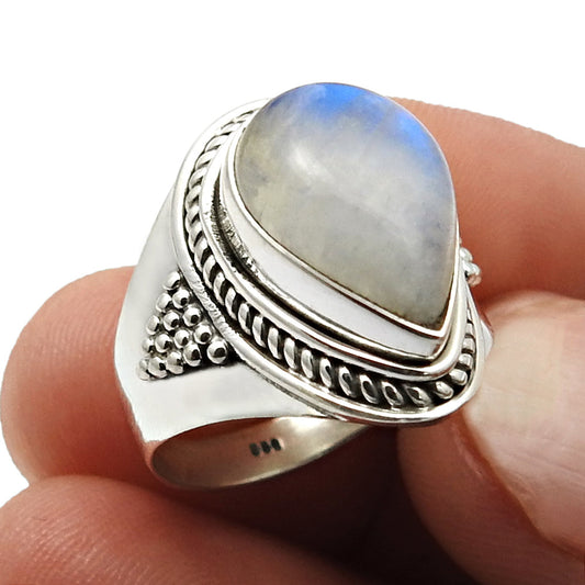 Natural Rainbow Moonstone 925 Silver Solitaire Boho Ring For Women J13