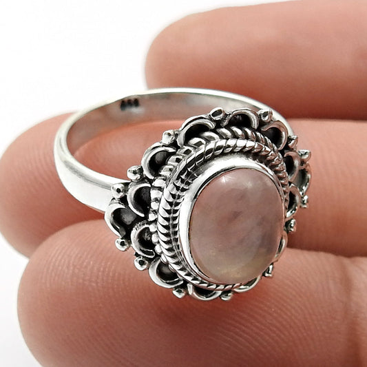 Gift For Woman Natural Rose Quartz Solitaire Ring 925 Silver F33