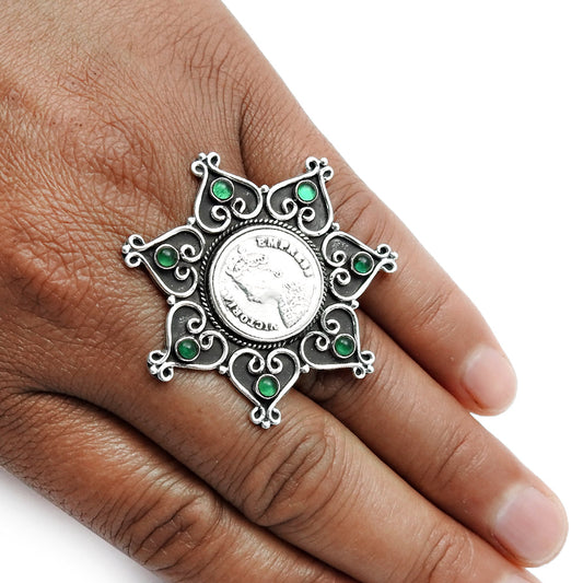 Natural Green Onyx Gemstone 925 Silver Solitaire Antique Adjustable Ring For Girls C35