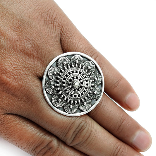 925 Silver Natural Pearl Statement Antique Flower Adjustable Ring