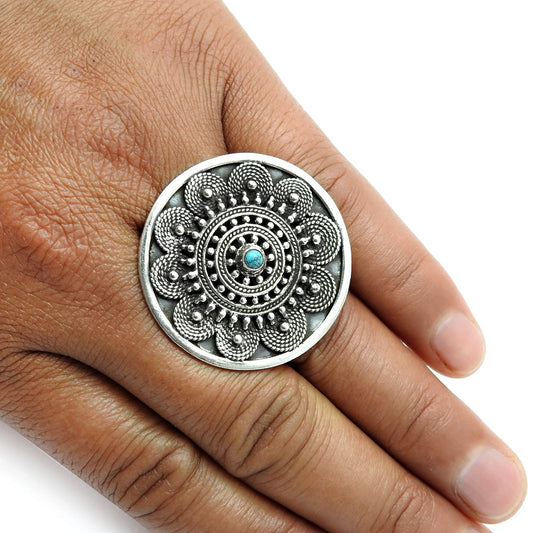 Natural Turquoise 925 Silver Cocktail Artisan Adjustable Ring For Women C2