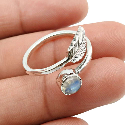 Natural Rainbow Moonstone 925 Silver Cocktail Leaf Adjustable Ring For Women O16