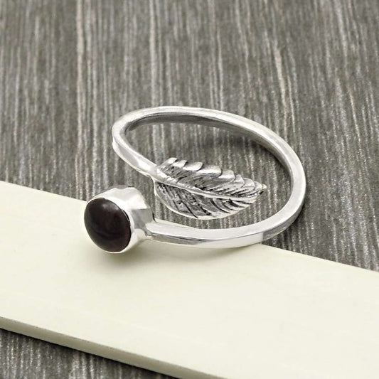 Natural Garnet Gemstone Cocktail Leaf Red Adjustable Ring 925 Sterling Silver L9