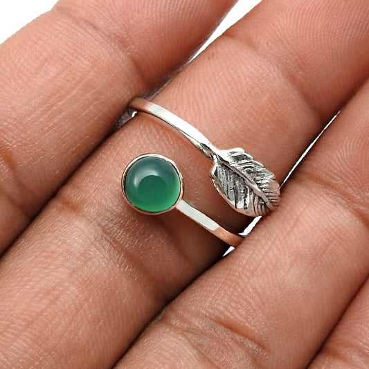 Natural Green Onyx Gemstone Cocktail Leaf Adjustable Ring 925 Silver For Girls M17
