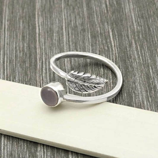 Natural Rose Quartz 925 Silver Cocktail Leaf Adjustable Ring For Girls W10