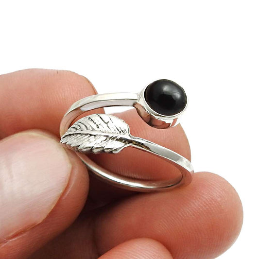 Natural Black Onyx Gemstone 925 Silver Cocktail Leaf Adjustable Ring For Girls E11