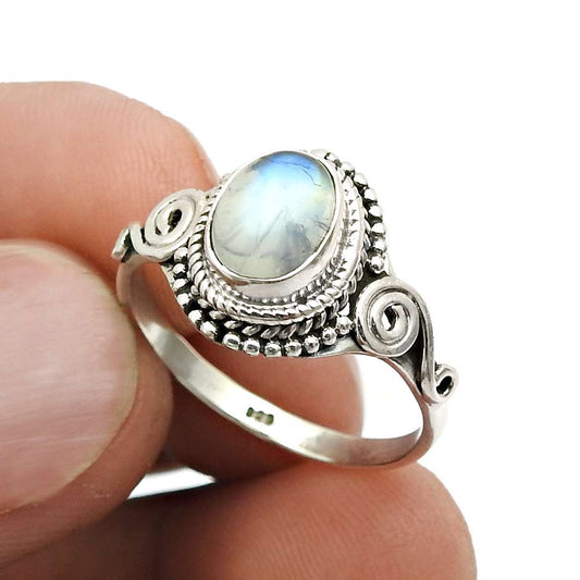 Gift For Woman 925 Silver Natural Rainbow Moonstone Cocktail Ring G12