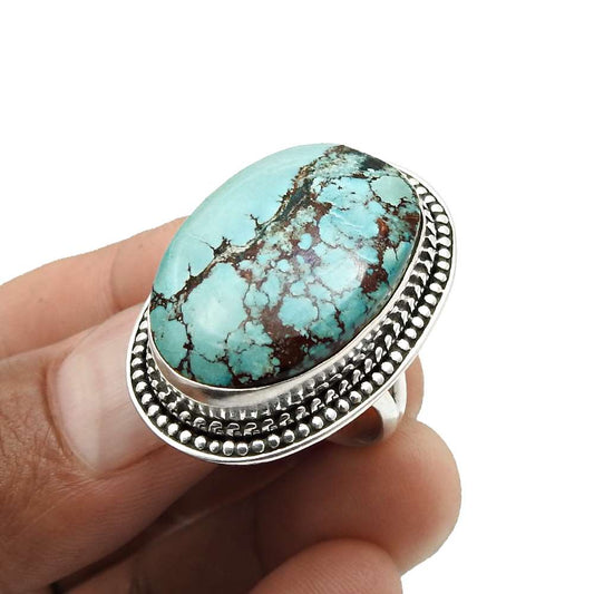 Natural Turquoise Gemstone Cocktail Boho Ring 925 Silver For Women H2