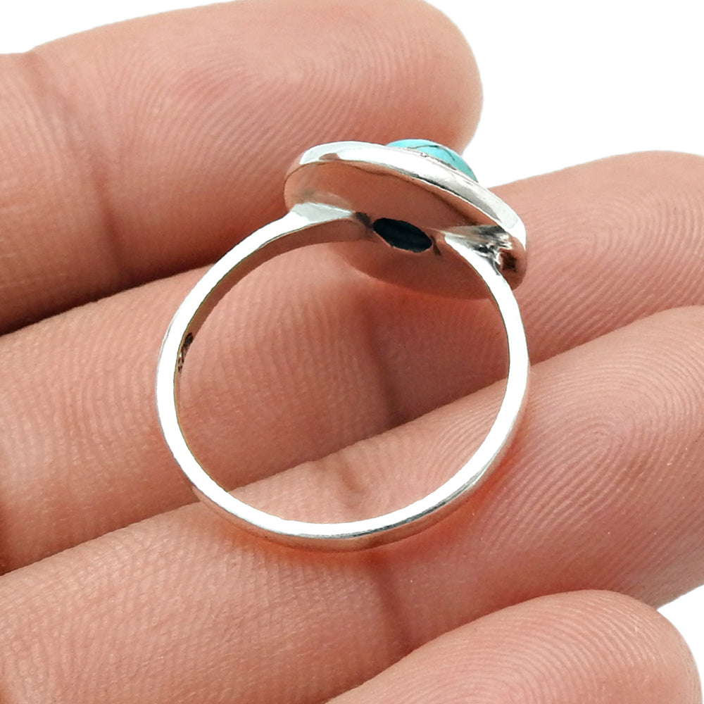 Round Natural Turquoise 925 Solid Silver Bezel Handcrafted Band Anniversary Ring