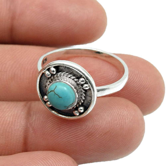 Round Natural Turquoise 925 Solid Silver Bezel Handcrafted Band Anniversary Ring