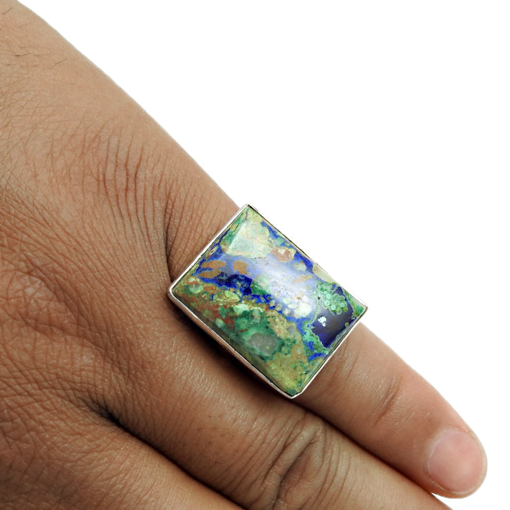 Natural Azurite Malachite Gemstone 925 Silver Cocktail Ring For Women X16