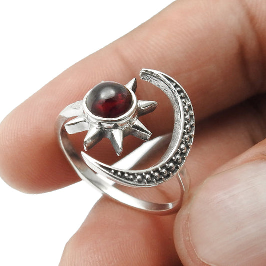 Natural Garnet Gemstone Cocktail Sun And Moon Adjustable Ring 925 Silver V20