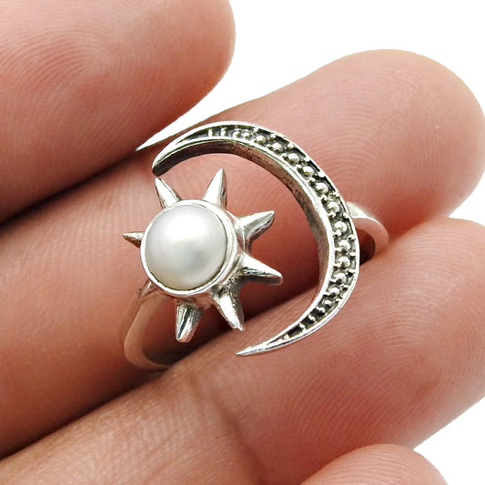 Natural Pearl Cocktail Sun and Moon Adjustable Ring 925 Silver For Girls A21