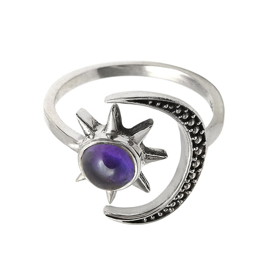 Natural Amethyst Cocktail Sun And Moon Purple Adjustable Ring 925 Silver D21