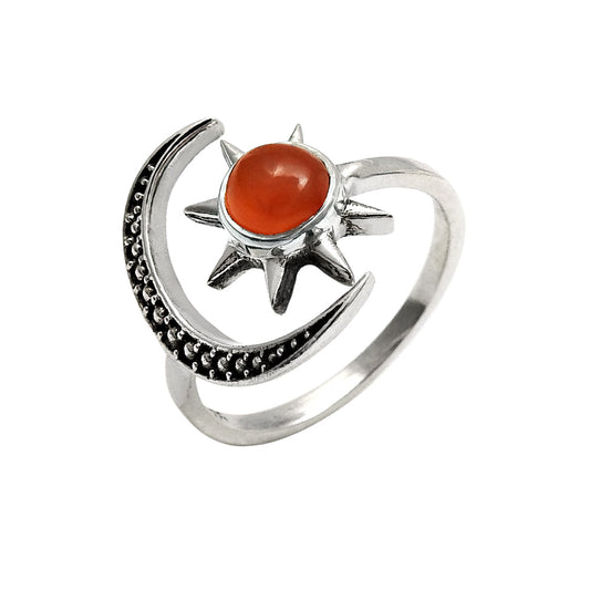Gift For Woman Natural Carnelian Cocktail Moon Adjustable Ring 925 Silver G21