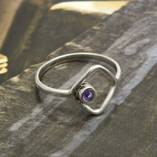 Round Natural Amethyst 925 Silver February Handcrafted Wife Band Bezel Ring