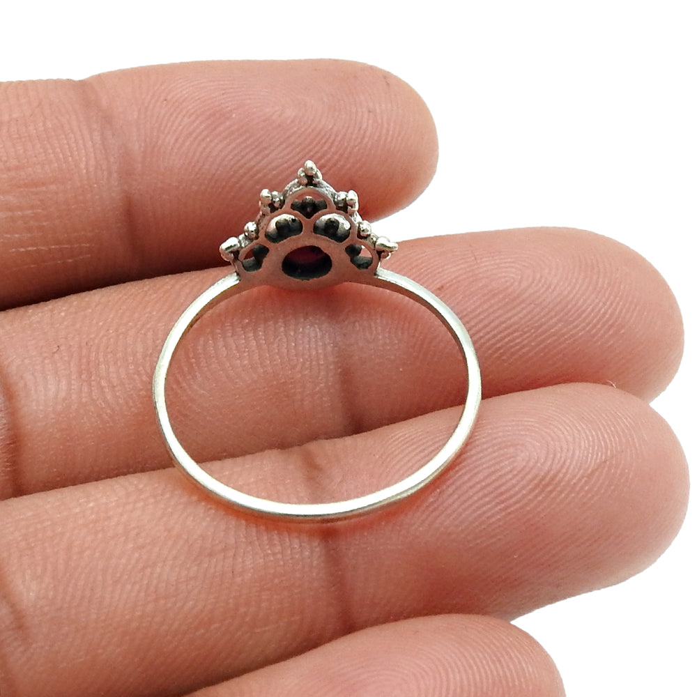 Garnet Stone January Birth Unique Band Crown Bezel Ring 925 Solid Silver