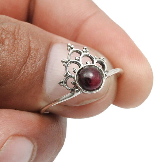 Garnet Stone January Birth Unique Band Crown Bezel Ring 925 Solid Silver