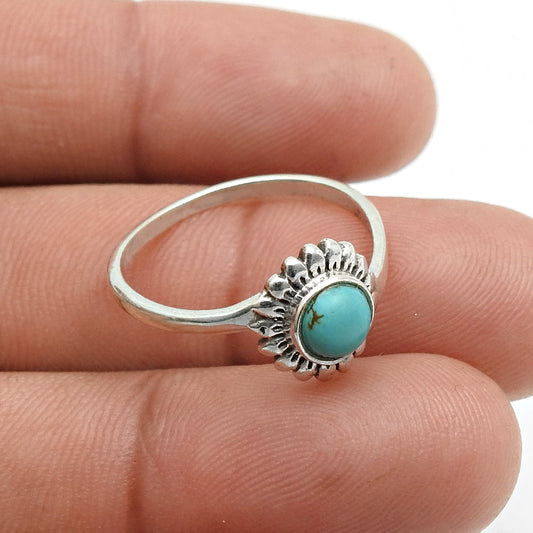 Round Turquoise Stone Solid Sterling Silver Bezel Band Wife Flower Ring