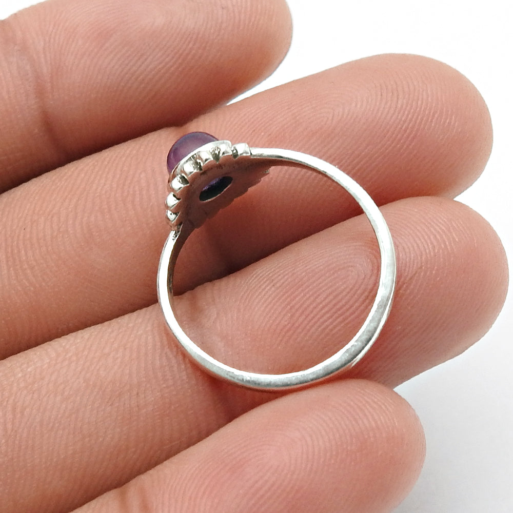 Natural Amethyst Solid Silver Engagement Flower Band Boho Birthday Ring