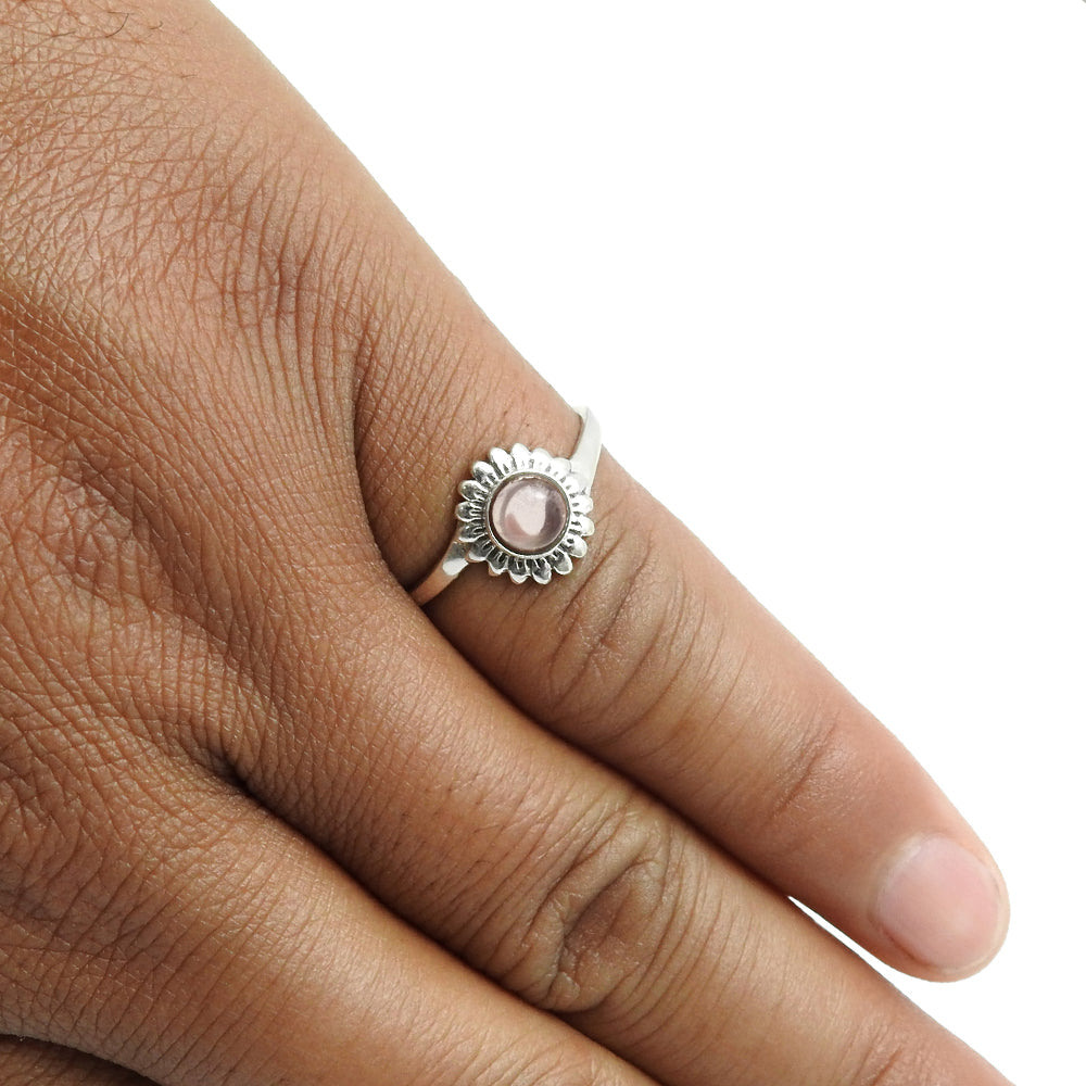 Round Rose Quartz Stone Solid Sterling Silver Sister Band Flower Ring