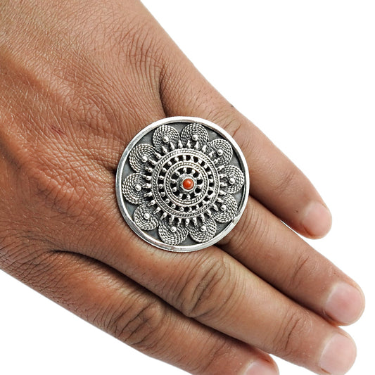 Round Natural Coral Cocktail Unique Antique Artisan Bezel Ring 925 Silver