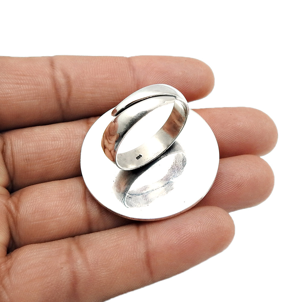 Round Natural Coral Cocktail Unique Antique Artisan Bezel Ring 925 Silver