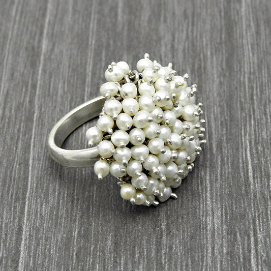 Natural White Pearls Statement Ring 925 Sterling Silver Jewelry Wedding Ring