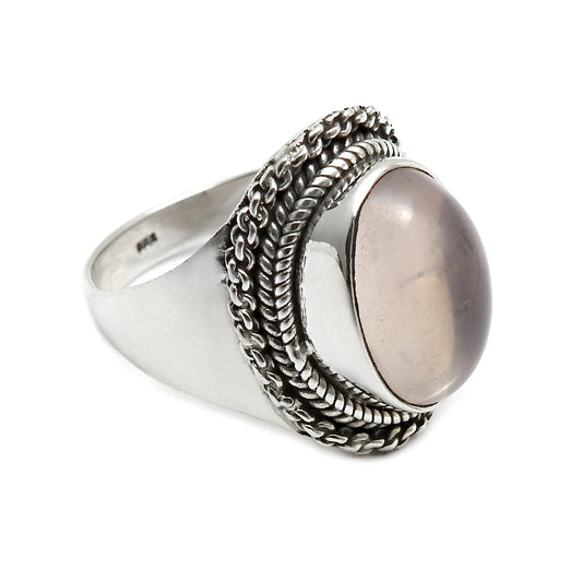 Heart Chakra Oval Natural Rose Quartz 925 Silver Bezel Band Elegant Ring